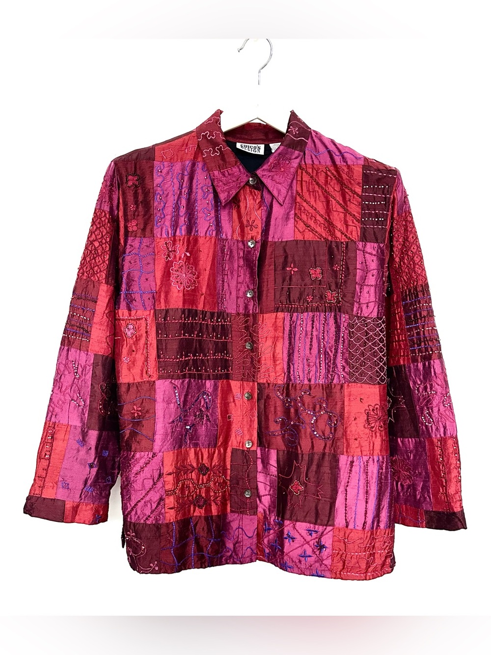 SILK✨ Chico's Patchwork embroidered beaded Button down